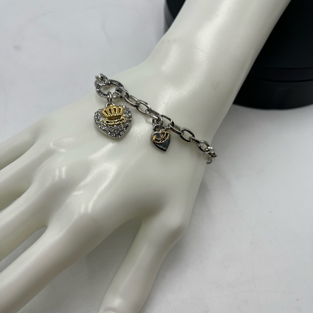 Juicy Couture‎ Chain Bracelet Pave Crystal Silver Gold Tone Puff Heart Charms - Picture 7 of 16
